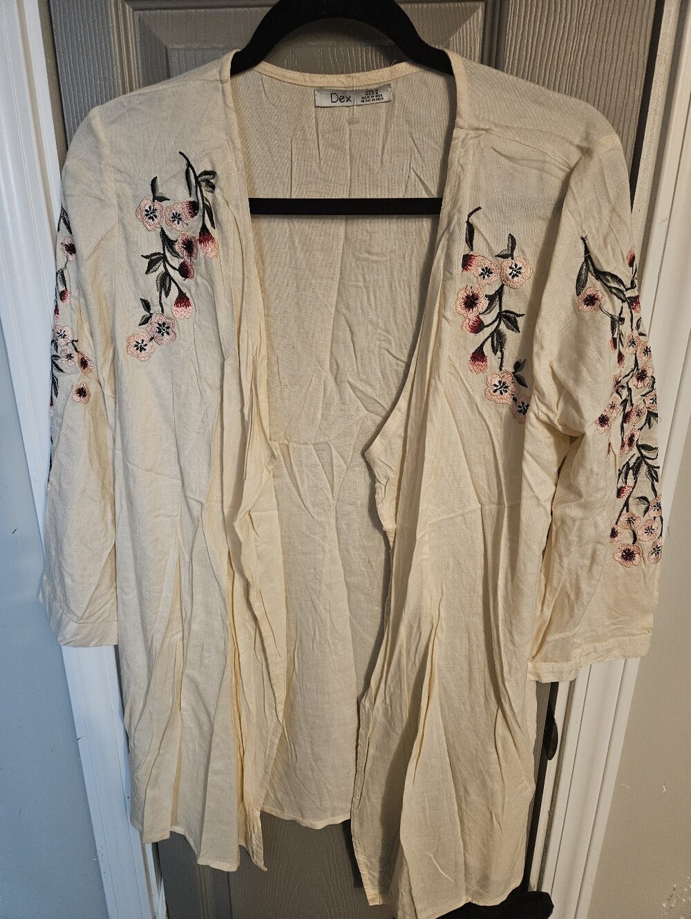 BRAND NEW ** Dex Cream Open-Front Cardigan with Pink Floral Embroidery